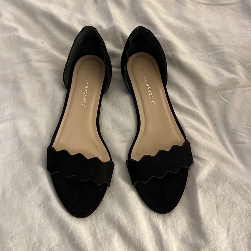 Loeffler Randall Black Scalloped Suede Open Flat in Size 7.5
